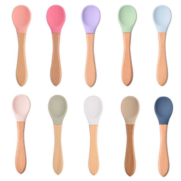 Copos pratos utensílios de madeira Baby Woodlen Handle Handled fundo de silicone colher macia colheres de alimentação para crianças Aprenda a comer artigos de mesa para crianças presentes P230314