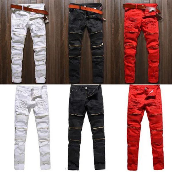 Jeans da uomo Pantaloni da uomo strappati in denim attillati ed elastici Jeans slim fit strappati Distressed Jeans strappati distrutti jeans neri e rossi 231129