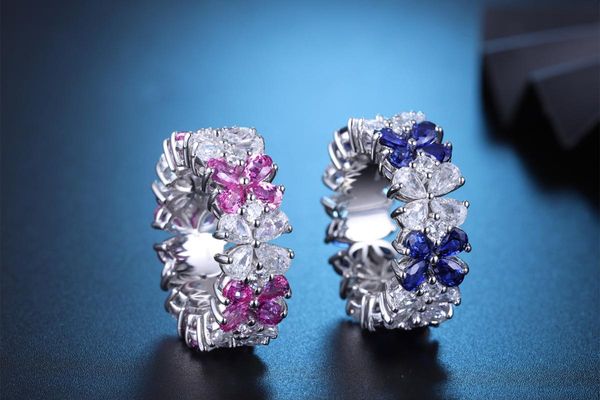 Кластерные кольца Оптовая ценовая лаборатория выращивает синий розовый драгоценный камень 4,95CT формы груши стерлингового серебра 925 Обручальное кольцо модные украшения 2023Cluster