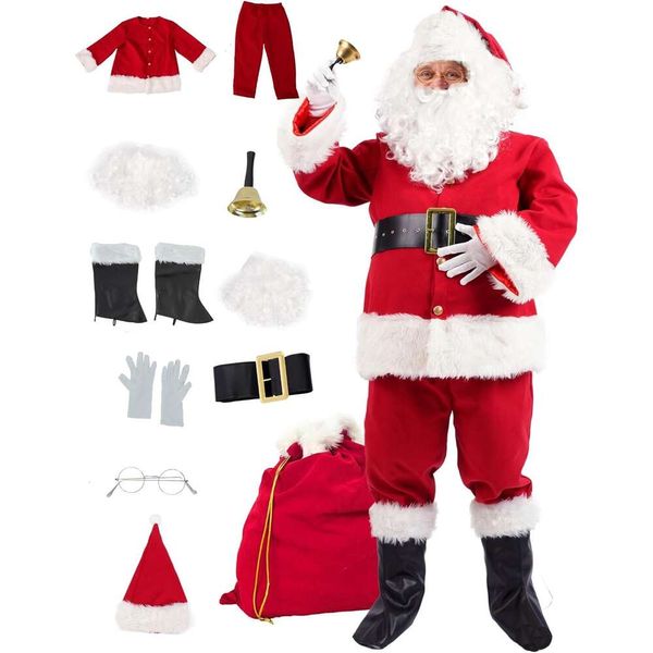 Conjunto de roupas de Papai Noel masculino Papai Noel 11 peças masculinas adultas Roupas de Natal plus size adequadas para festas de fim de ano