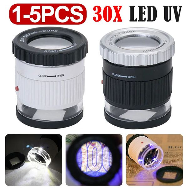 Lupas 1-5pc 30X escala cilíndrica lupa ajustável focal jóias lupa impressão pano lupa lupe led luz uv lupa 231128