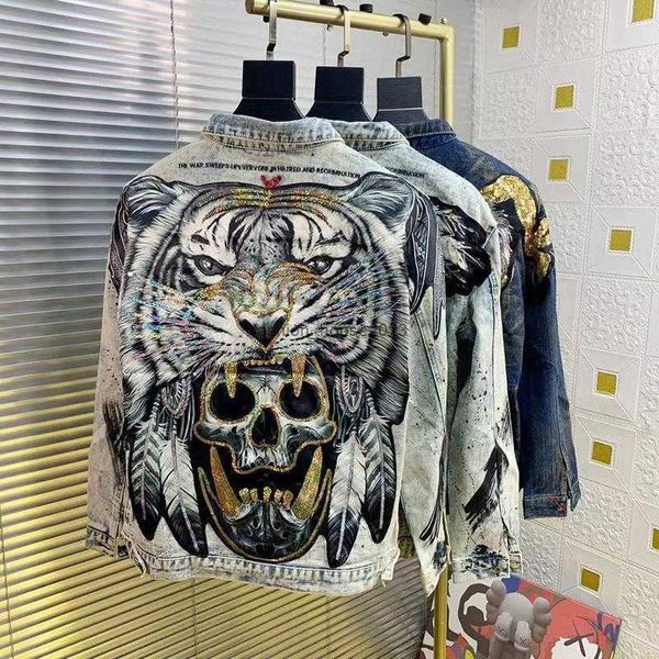 Erkekler için işlemeli kafatası ceket erken sonbahar Avrupa moda etiketi pullu tiger hip-hop ince fit denim gömlek