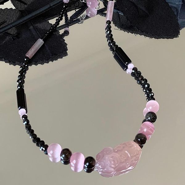Anhänger Halsketten Halskette Ethnisch Wind Perlen Natürlicher Onyx Reichtum Brave Pink Crystal Pfirsichblüte Schlüsselbein