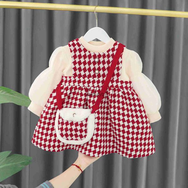 Abiti da ragazza New Kid Neonate Vestiti Set Inverno Caldo Gilet di cotone Vestito + Top + Borsa Abito da sera Principessa Plaid Compleanno Abbigliamentovaiduryb