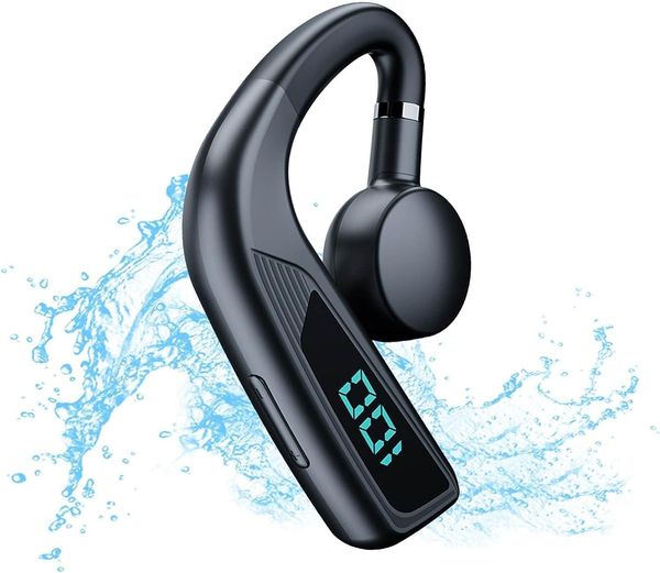 Fone de ouvido de condução óssea Bluetooth 5.2, fones de ouvido abertos, fones de ouvido sem fio de orelha única com tela LED, estéreo HiFi, microfone HD, fones de ouvido à prova d'água IP7