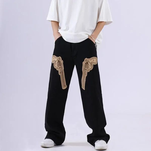 Pantaloni da uomo Jeans a pistola stampati nero scuro personalizzati pantaloni larghi a gamba larga hip-hop a tubo dritto per uomo e donna 231129