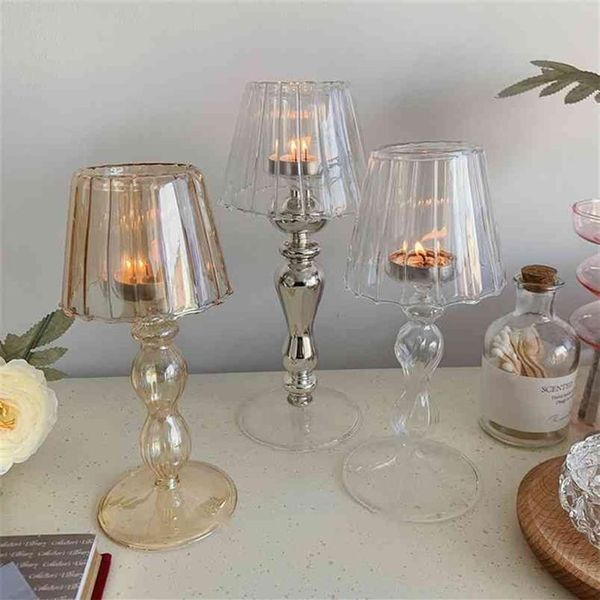 Lámpara de mesa retro con forma de candelabro de cristal a rayas, adornos románticos para decoración del hogar, candelabro con personalidad de café estilo Ins 210722283L