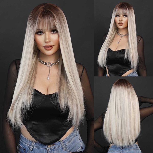 Synthetische Perücken Perücke Damen Langes glattes Haar Farbverlauf Milchtee Platin Internet Celebrity Simulation Perückenkopf Set Blonde Perücke