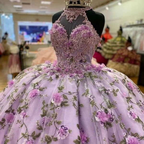 Lila glänzendes Ballkleid Quinceanera-Kleider Applikationen Spitze Perlen Blumenkorsett ärmellos Sweet 16 Vestidos De 15 Anos