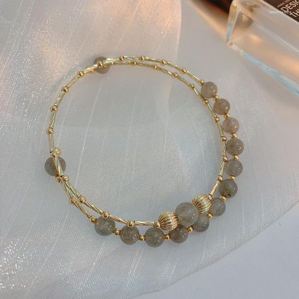 Strand Double Grey Moonstone Bracelet Moda coreana Temperamento multicamada Cristal de pedra natural Gift Women