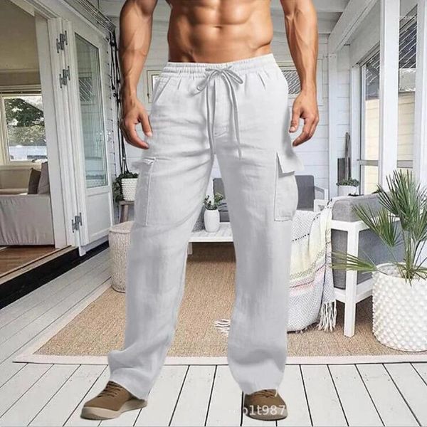 Männer Hosen Baumwolle Leinen Cargo Einfarbig Stretch Taille Lose Gerade Casual Multi Taschen Hosen Outdoor Sweatpant