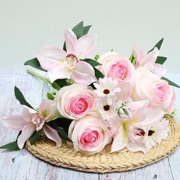 Fiori decorativi Bouquet bianco Orchidea rosa artificiale Fiore di seta misto Matrimonio Casa Giardino Pografia Decorazione Disposizione Accessori