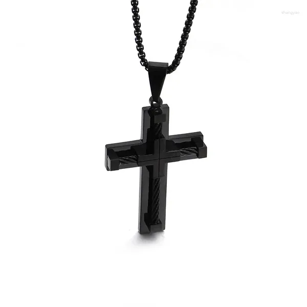 Colares pendentes Moda Men masculino Cruz Jesus Black Titanium aço aço Jóias de colar de cabo de aço