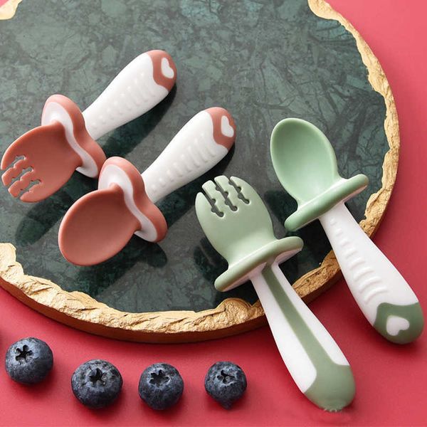 Чашки блюд посуды 2PCS/SET детская силиконовая ложка Spoon Fork Set Kind Red Green Counting Feeding Baby Dableware Bab