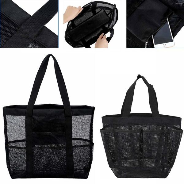 Bolsas de armazenamento Mesh Beach Tote Bag Lightweight Portable Towels Toys com vários bolsos para férias de viagem à piscina familiar