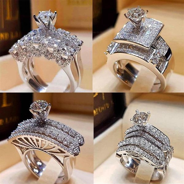 vecalon Anello nuziale con diamante femminile vintage Set Moda Argento 925 Anello con pietra grande Promessa Anelli di fidanzamento nuziale per le donne332P