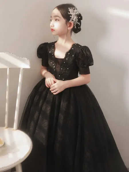 Vestidos da menina laço preto flor vestido de princesa para casamentos criança formal arco longo vestido festa à noite crianças ano vestidos