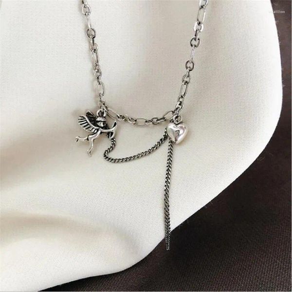 Anhänger Halsketten Thai Silber Textur Quaste Herzförmige Überzogene Schmuck Retro Liebe Engel Schlüsselbein Kette Exquisite N231