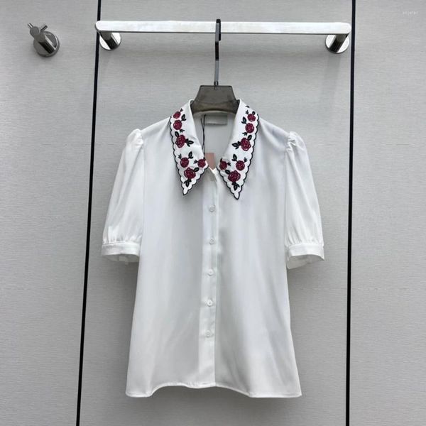 Blusas femininas 2023 primavera/verão lapela bordado flor embelezado manga bufante camisa de manga curta fofo topo camisas de mujer