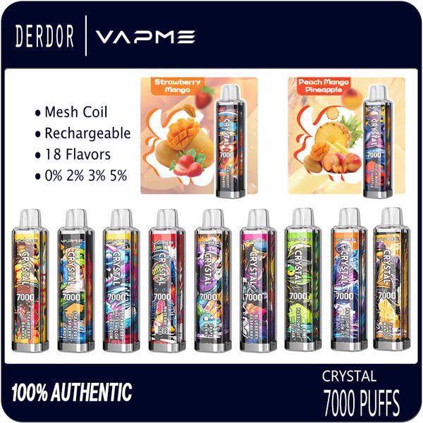 Оригинальные сигареты VAPME Crystal 7000 Puffs, одноразовые Vape Pen Puff, сетчатая катушка 7K, перезаряжаемые электронные сигареты, 18 вкусов, 0% 2% 3% 5% вейперы-испарители