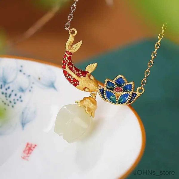 Halsreifen Natürliche Halsketten Emaille Fischförmige Lotus Antike Gold Handwerk Pendelleuchte Luxus Chinesischen Stil Charme Schmuck R231129