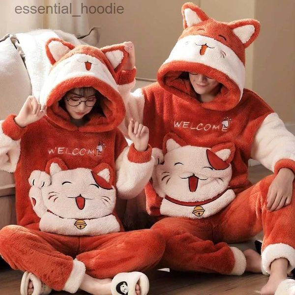 Mulheres sleep lounge inverno engrossar casais pijamas conjuntos sleepwear adulto gato dos desenhos animados kaii mulheres homens anime pijamas coreano hoodie ternos camisola l231129