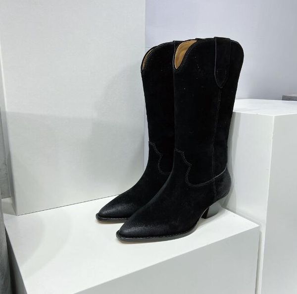 Kadın Ayakkabı Isabel Duerto Süet Marant Western Boots Orijinal Deri Batı tarzı Düşük Blok Topuk Duerto Boots Mükemmel Moda Gerçek Fotoğraflar Kutu ile Kutu