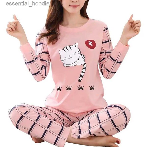 Salotto da notte da donna Inverno Cute Cartoon Cat Print Pigiama Set da donna Due pezzi Lungo Sle Sleepwear Intimo Ragazze Pigiama Set L231129