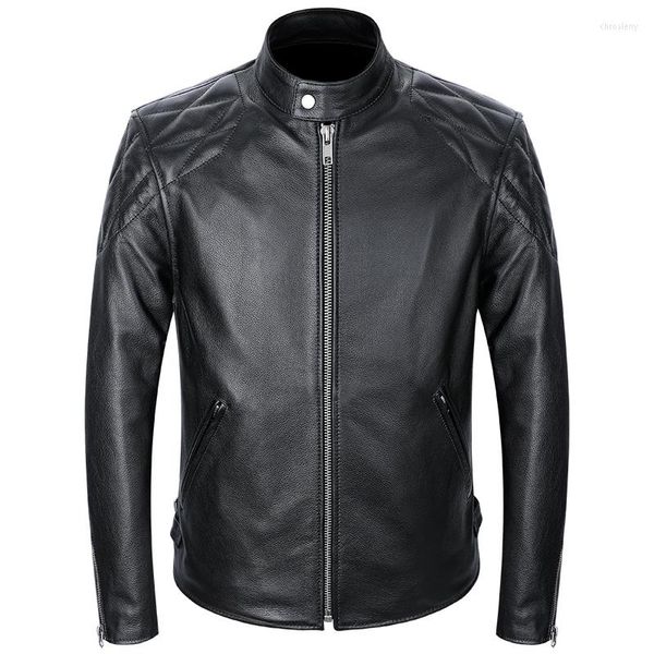 Giacche da uomo Giacca da uomo in vera pelle da motociclista Nero Slim Fit Colletto alla coreana Capispalla da uomo Cappotto da motociclista in pelle bovina