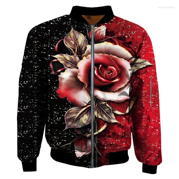 Herrenjacken, 3D-Rosenblumen, bedruckt, Herren-Reißverschlussjacke, Sweatshirt, Street-Punk-Stil, Pullover, übergroßer Mantel, frische Freizeitkleidung