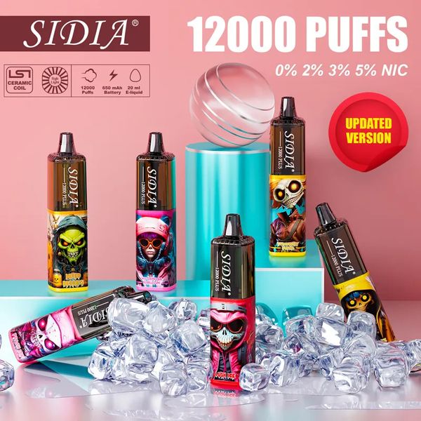 SIDIA Puff 12000 - Vape descartável recarregável original com sal de 20ml, bobina de cerâmica e luz LED 12 sabores, caneta Vape 650mAh, 0% 2% 3% 5% Opções puff 12k