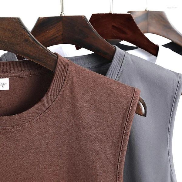 Homens camisetas Regatas O-pescoço Sem Mangas Colete Masculino Elástico Algodão Coletes de Fitness Homem Cor Sólida Tee