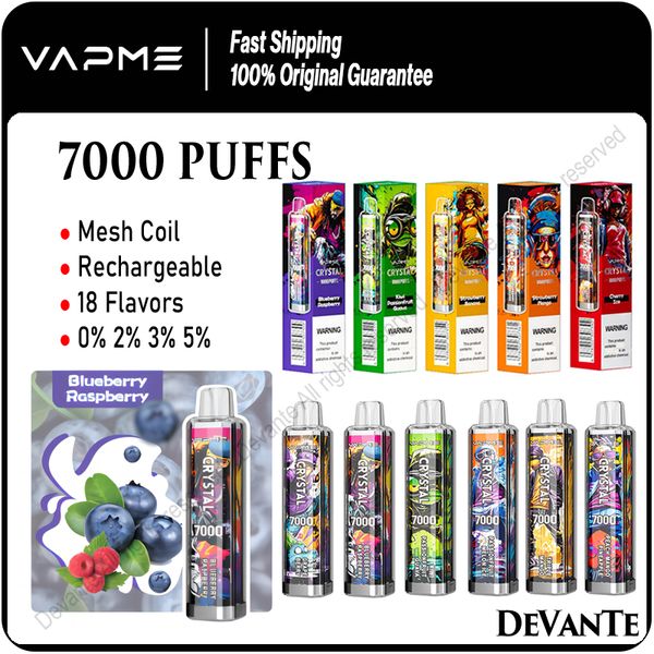 Puff 7K VAPME Crystal 7000 Puffs monouso Vape Pen Mesh Coil ricaricabile 650mAh Batteria preriempita 14ml Carrelli 0% 2% 3% 5% 18 gusti sigarette elettroniche