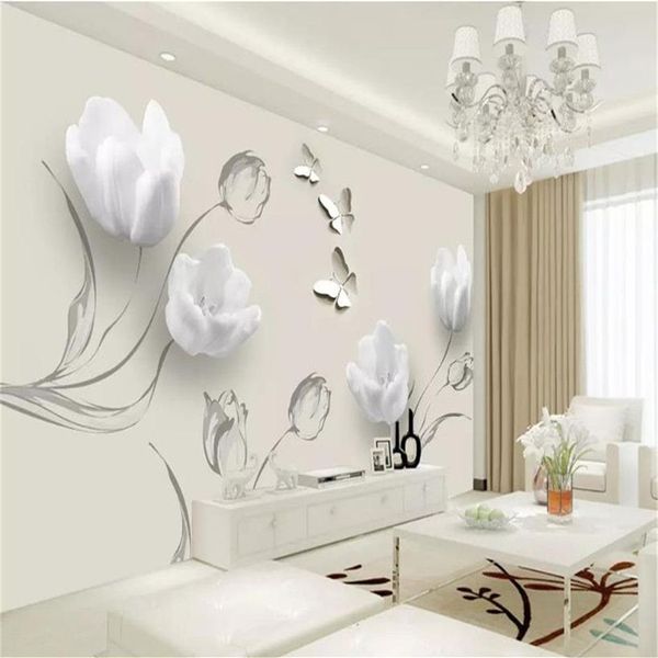 Benutzerdefinierte jede Größe 3D-Blumentapete Mode einfache Tulpe Schmetterling Wohnzimmer Schlafzimmer Küche Home Decor Tapeten Wandbild Wand Co248W