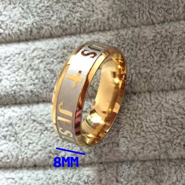 Hohe Qualität große Größe 8mm 316 Titan Stahl Silber Gold Farbe Jesus Kreuz Brief Bibel Ehering Ring Männer Frauen288J