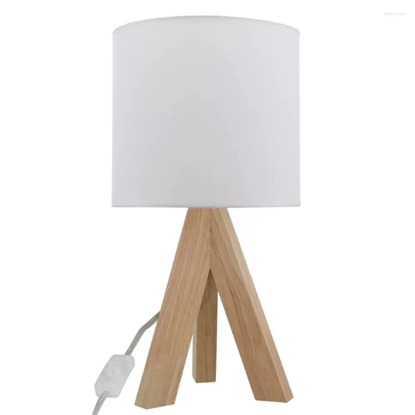 Candeeiros de mesa Tripé Oak Lamp com abajur de tecido branco clássico 16,75