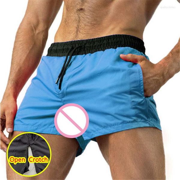 Herren-Shorts mit offenem Schritt, Fitness, Outdoor, Sex, Erotik, doppelte Reißverschlüsse, Laufen, schnell trocknend, Fitnessstudios, Bodybuilder, Jogger, schwule Jogginghose