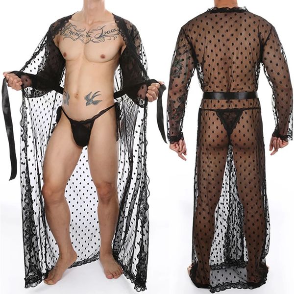 Sexy Set CLEVER MENMODE Männer Langes Kleid Durchsichtige Transparente Schlafkleidung Bademantel mit Verstellbarem Tanga Exotische Dessous 2 Stück 231129