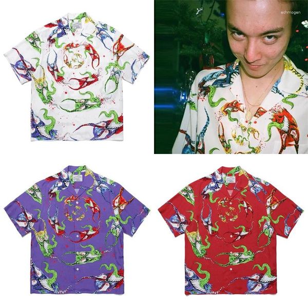 Camicie casual da uomo Rosso Bianco Viola Cachi WACKO MARIA Camicia colorata con stampa graffiti malvagia Top stile spiaggia Hawaii per uomo donna