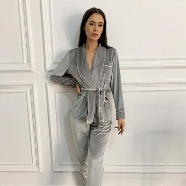 Pajamas de veludo cinza de duas peças femininas
