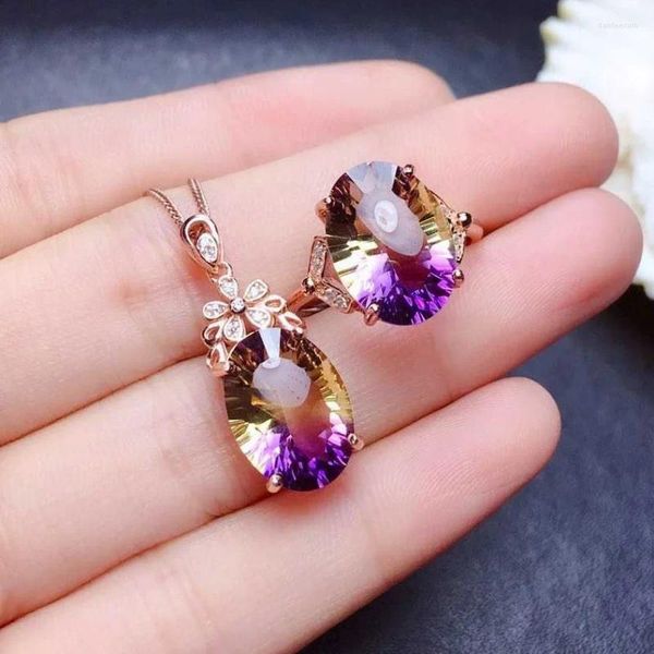 Halskette Ohrringe Set Trendy Bunte Kristall Ring Schmuck Lila Oval Roségold Farbe Für Frauen Geschenk Tropfen