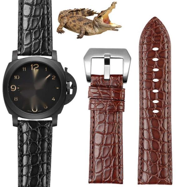 Para panerai pulseira de relógio de couro de crocodilo pam441 111 pam00753 couro genuíno lumino stealth pulseira 22mm 24mm 26mm