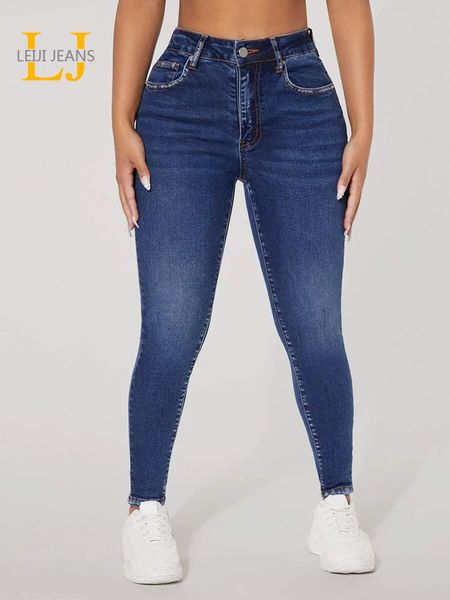 Jeans skinny para mulheres, cintura alta, lápis, jeans, azul escuro, comprimento total, slim, feminino, elástico, lavagem, 2023