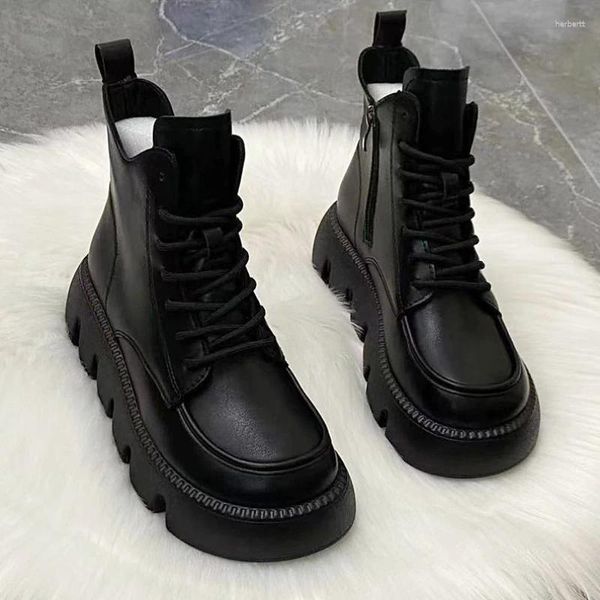 Stiefel Booties kurze Schuhe für Frauenschuhe mit Schnürsenkel Leder Schnüre-up schwarze Plattform Damen-Knöchel Biker Chunky Pu Boot Gyaru