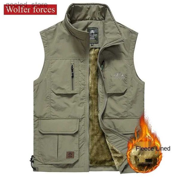 Gilet da uomo Gilet da esterno multitasche Giacca invernale da uomo Plus Cappotto di velluto Collo alto addensato Gilet caldo di grandi dimensioni Campeggio Alpinismo Q231129