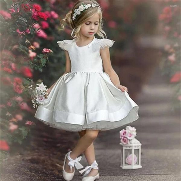 Kız Elbiseler İlk Cemaat Kolsuz Çıkartmalar Dantel Beyaz Melek Prenses Çiçek Elbise Weedding Party Ball Rüya Çocuk Hediyesi