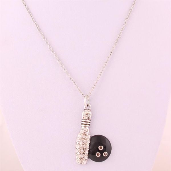 HX14 argento antico placcato moda collana con pendente in cristallo e birillo da bowling Jewelry289z