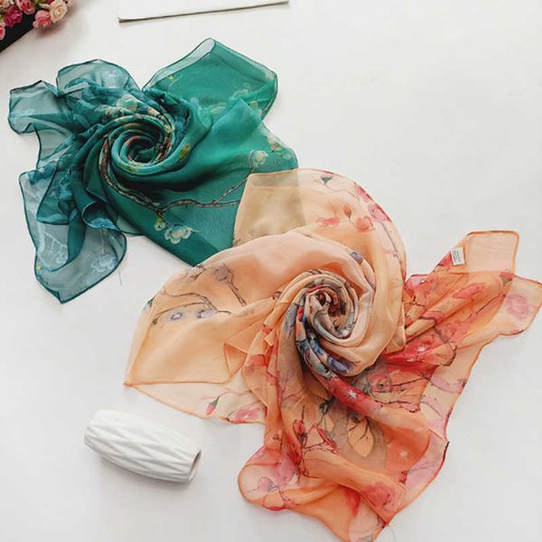 Шарфы Женщины мода с цветочным принтом шелк Slip Scarf Summer Thin Soft Chifon Georgette Plum Blossom Sunscreen Screen Scarf Мусульманский хиджаб пляжный шал J230428