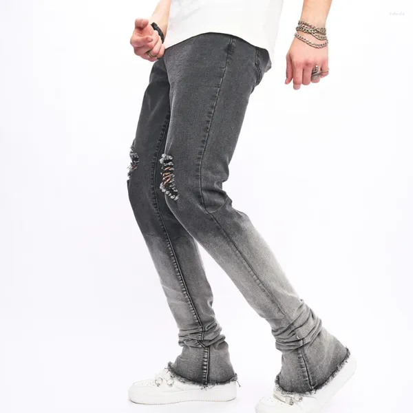 Jeans masculinos homens elegante hip hop rasgado gradiente magro micro flared calças masculinas buracos angustiados casual estiramento denim calças