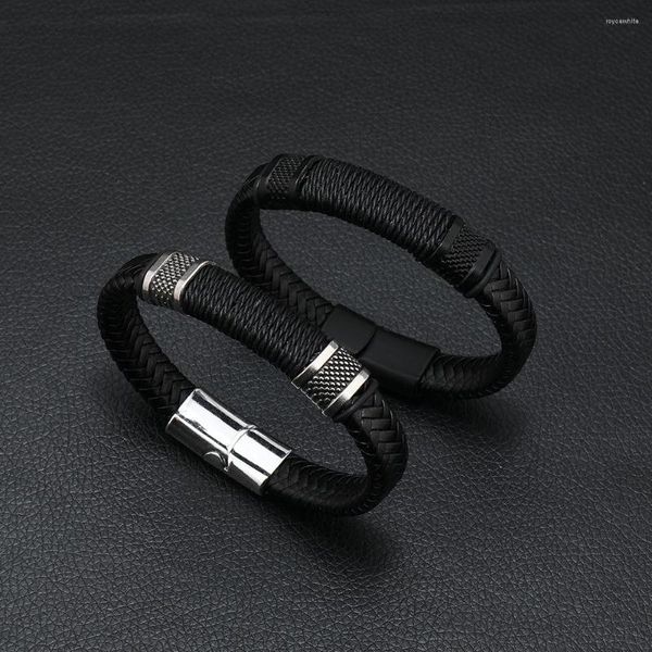 Braccialetti con ciondoli Bracciale in pelle da uomo di moda Nero Corda intrecciata fatta a mano Bracciale magnetico Accessori in acciaio inossidabile Trendy Business